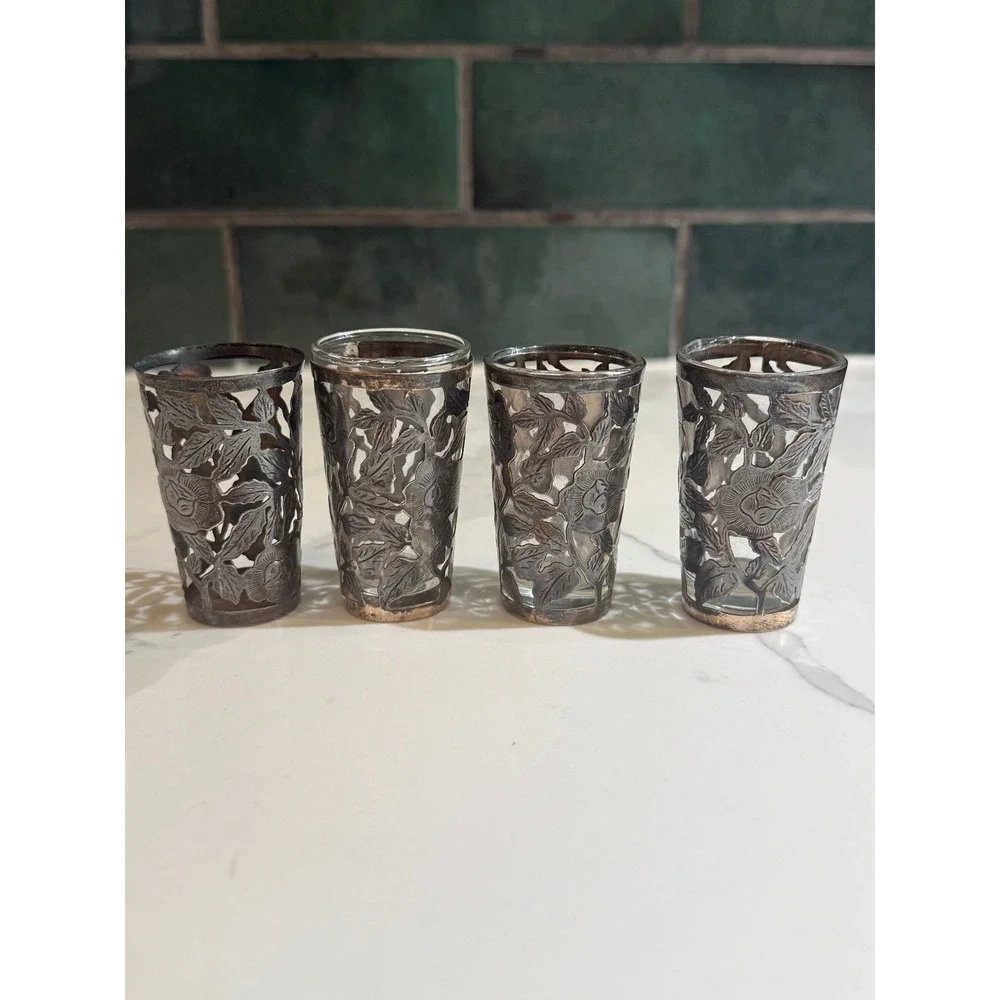 Vintage Mexican Sterling Silver Cordial Shot Glass Set 4 Floral Overlay Rose
